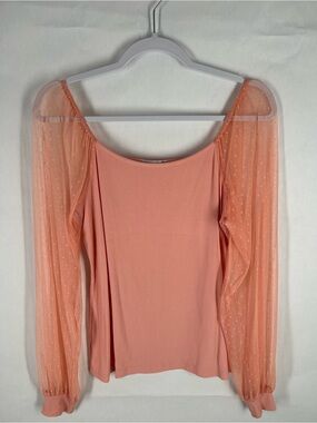Dorose Coral Ribbed Balloon Sleeve Mesh Top Size M